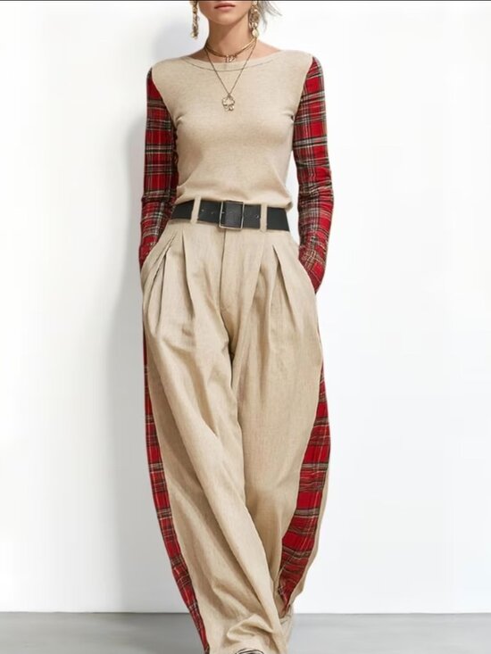 Pants - 2pcs Women Fall Winter Retro Plaid Patchwork Outfit Set Boat Neck Long Sleeve